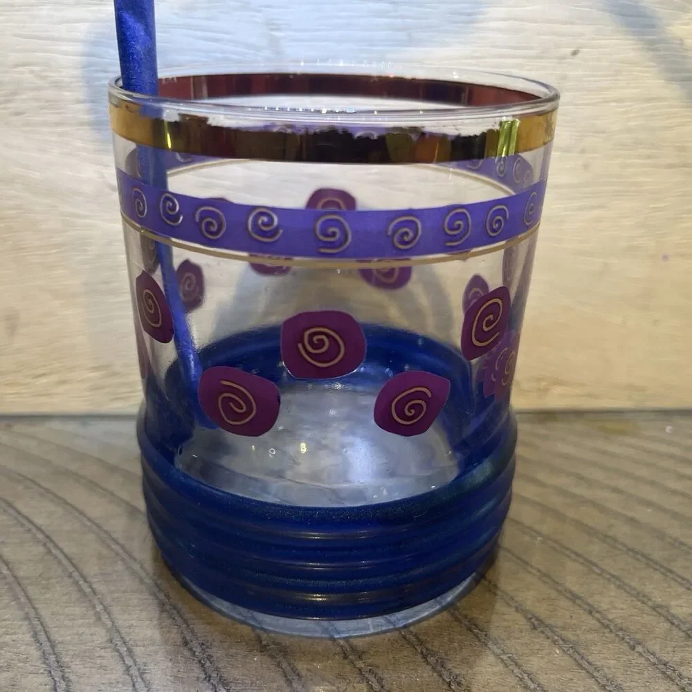 Sakura Sango Sue Zipkin MCM Golf Rim MCM Drinking Glass Blue Red Gold Rimmed VTG